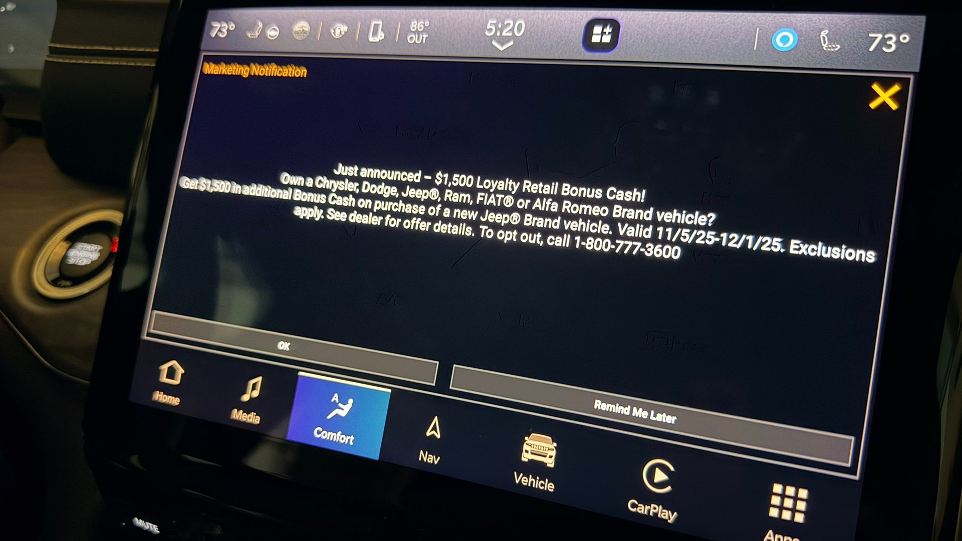 Pop-up ad on Jeep Grand Cherokee screen