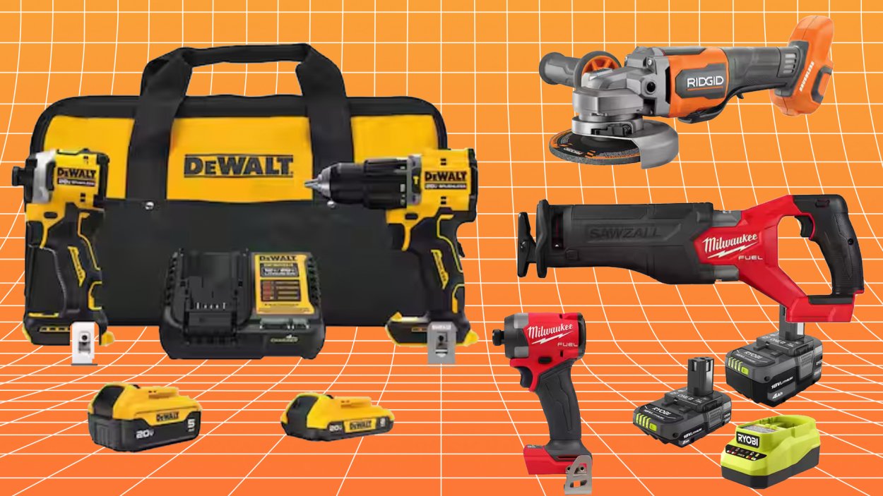 A bunch of high-end power tools scattered about.