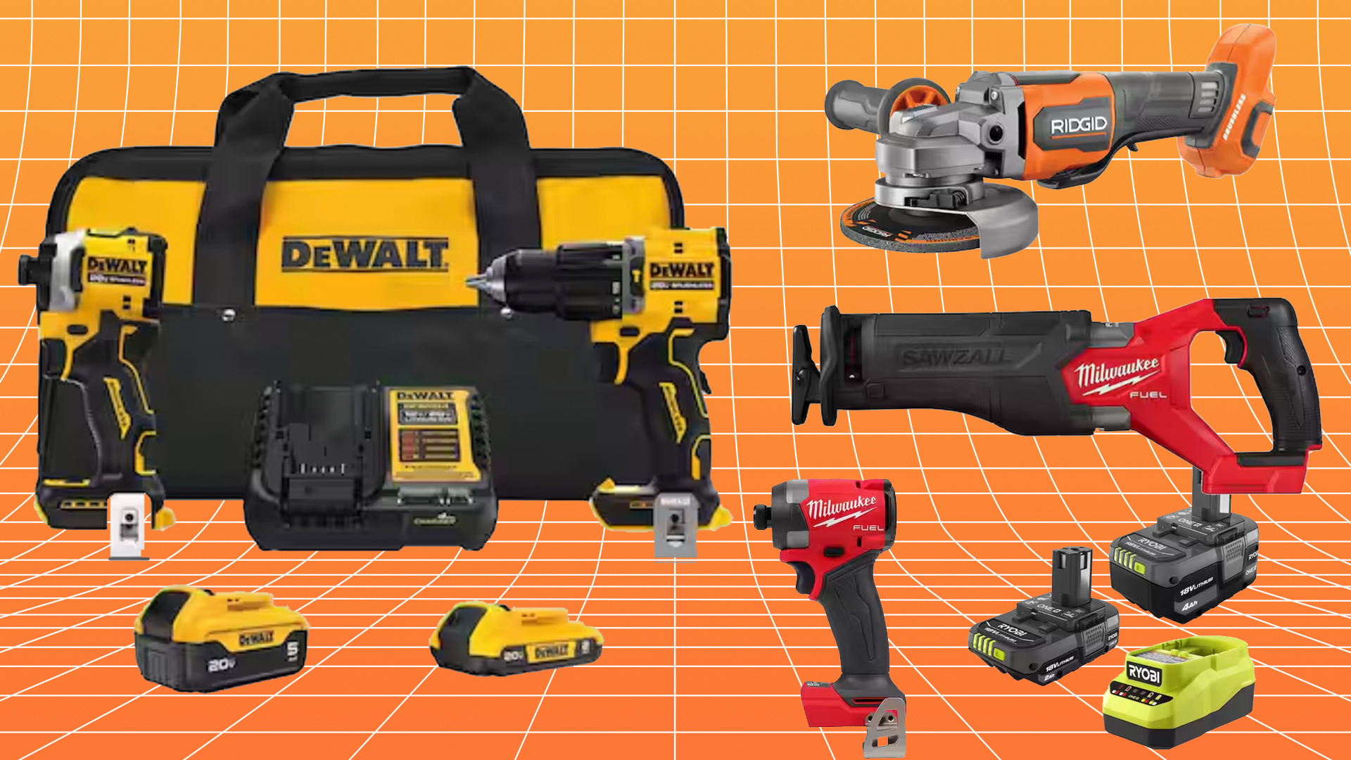 A bunch of high-end power tools scattered about.