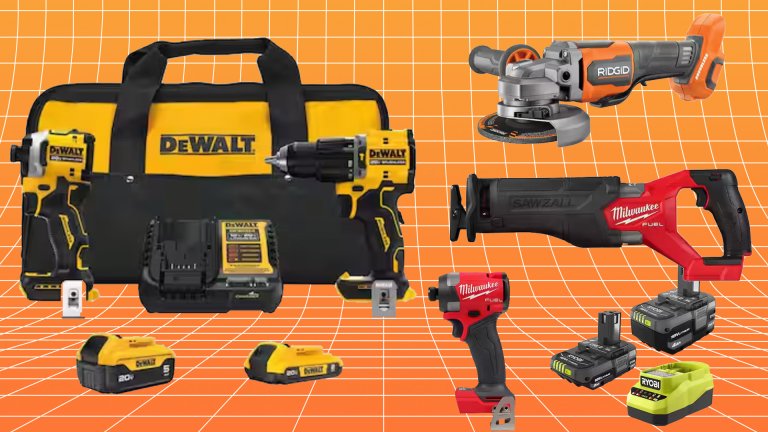 A bunch of high-end power tools scattered about.