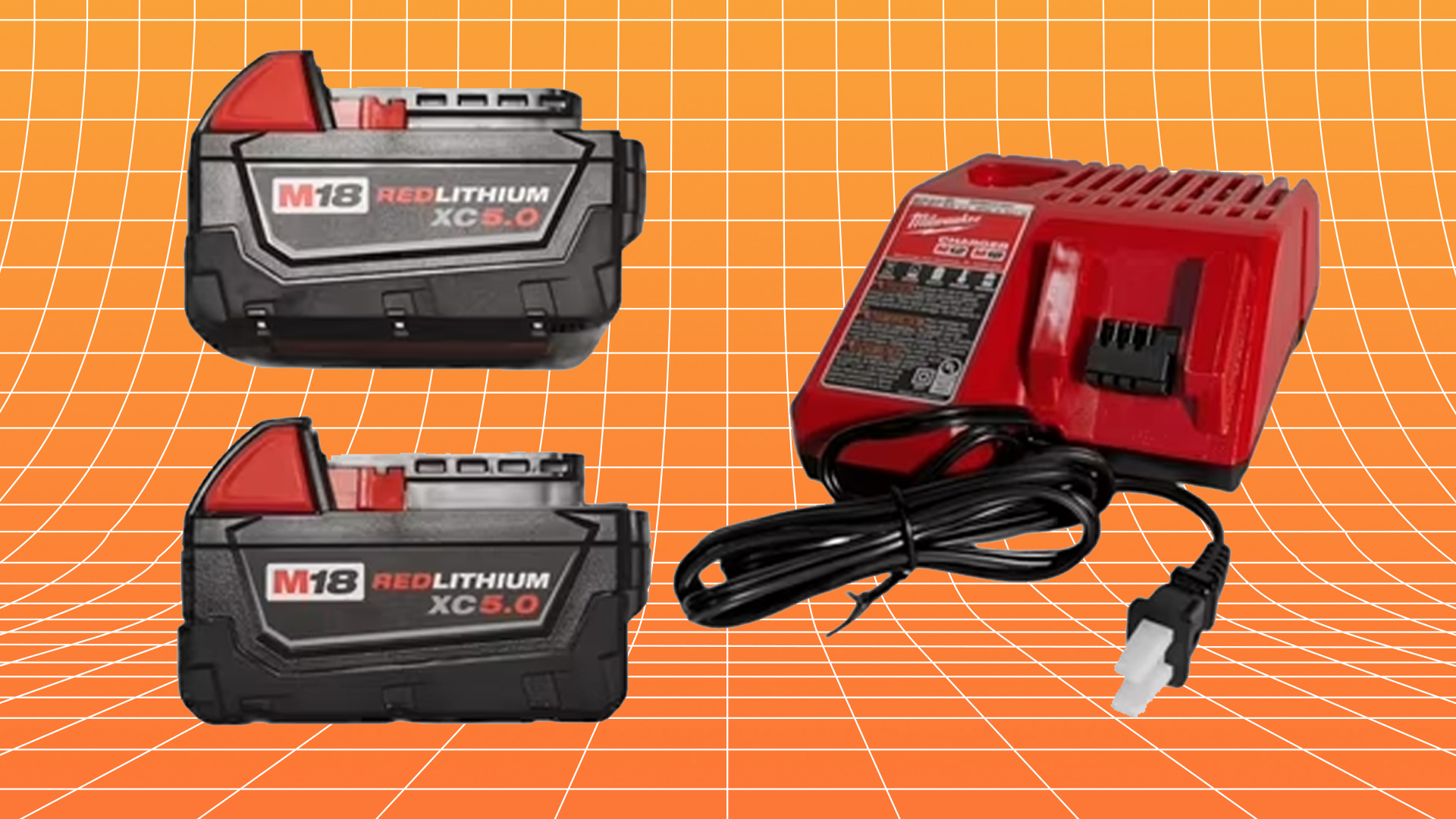 Two large tool batteries with a charger.