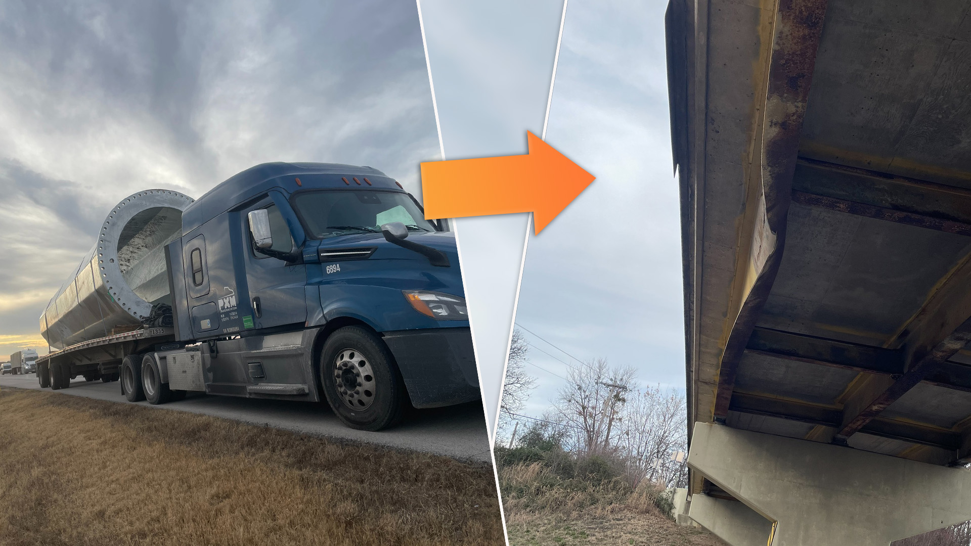 Over-height semi truck load damages bridge