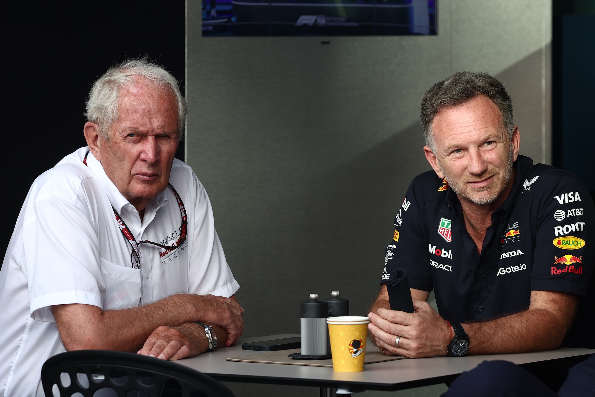 Helmut Marko and Christian Horner ahead of the Formula 1 Saudi Arabian Grand Prix at Jeddah Corniche Circuit in Jeddah, Saudi Arabia on April 20, 2025 (Photo by Jakub Porzycki/NurPhoto)