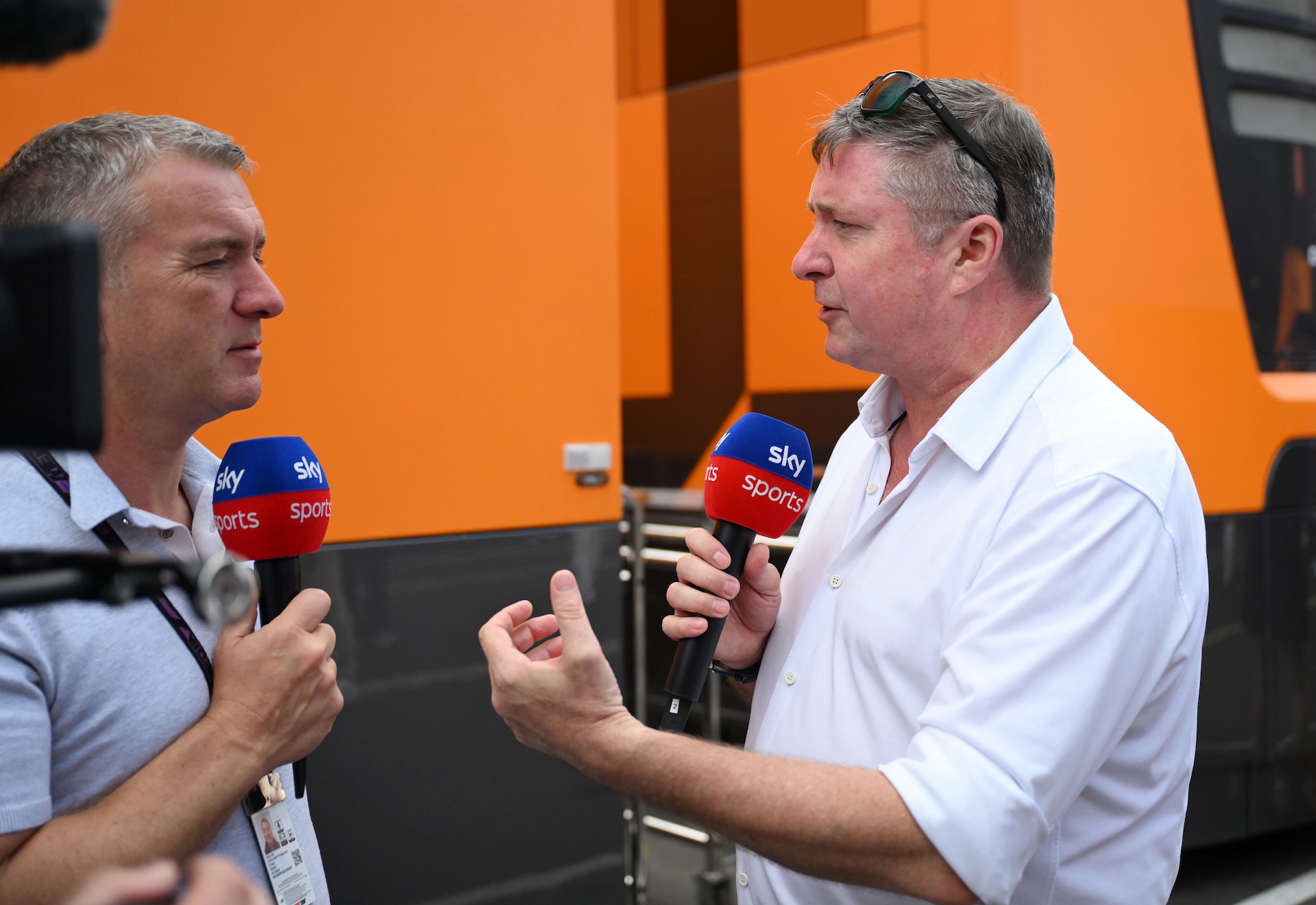 BUDAPEST, HUNGARY - AUGUST 03: Craig Slater and David Croft, Sky Sports F1 prior to the F1 Grand Prix of Hungary at Hungaroring on August 03, 2025 in Budapest, Hungary. (Photo by Mark Sutton - Formula 1/Formula 1 via Getty Images)