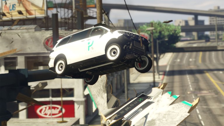 KnoWay taxi breaks through billboard in GTA Online.