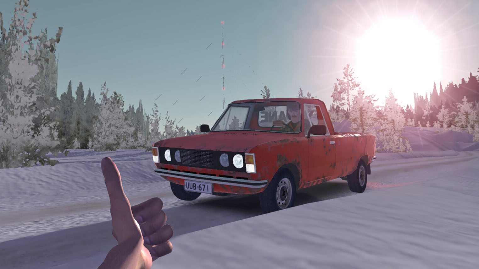 Screenshot of My Winter Car where the player is giving a thumbs-up to someone in a small pickup truck.