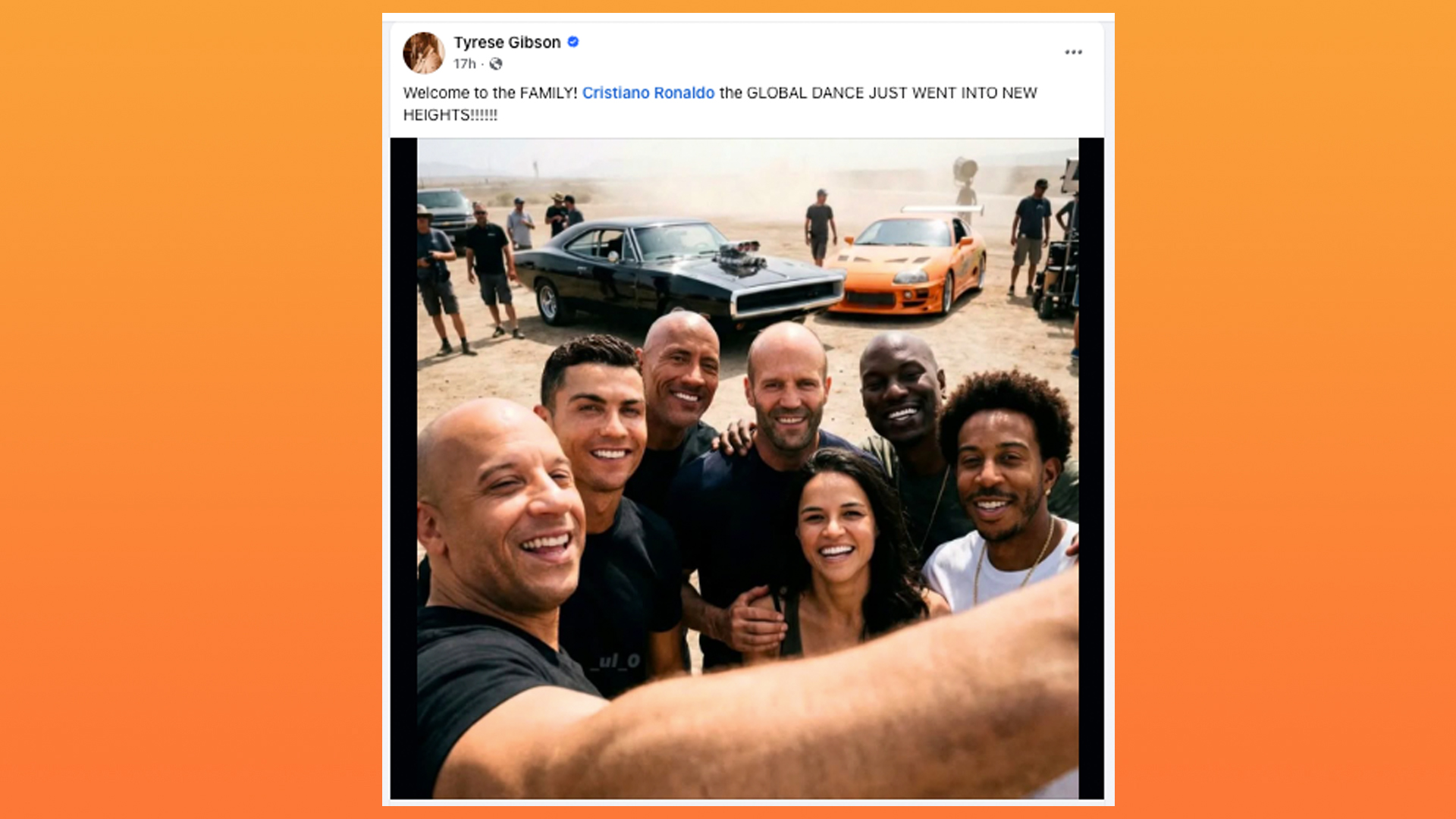 Image of soccer star Ronaldo with Fast and Furious cast.