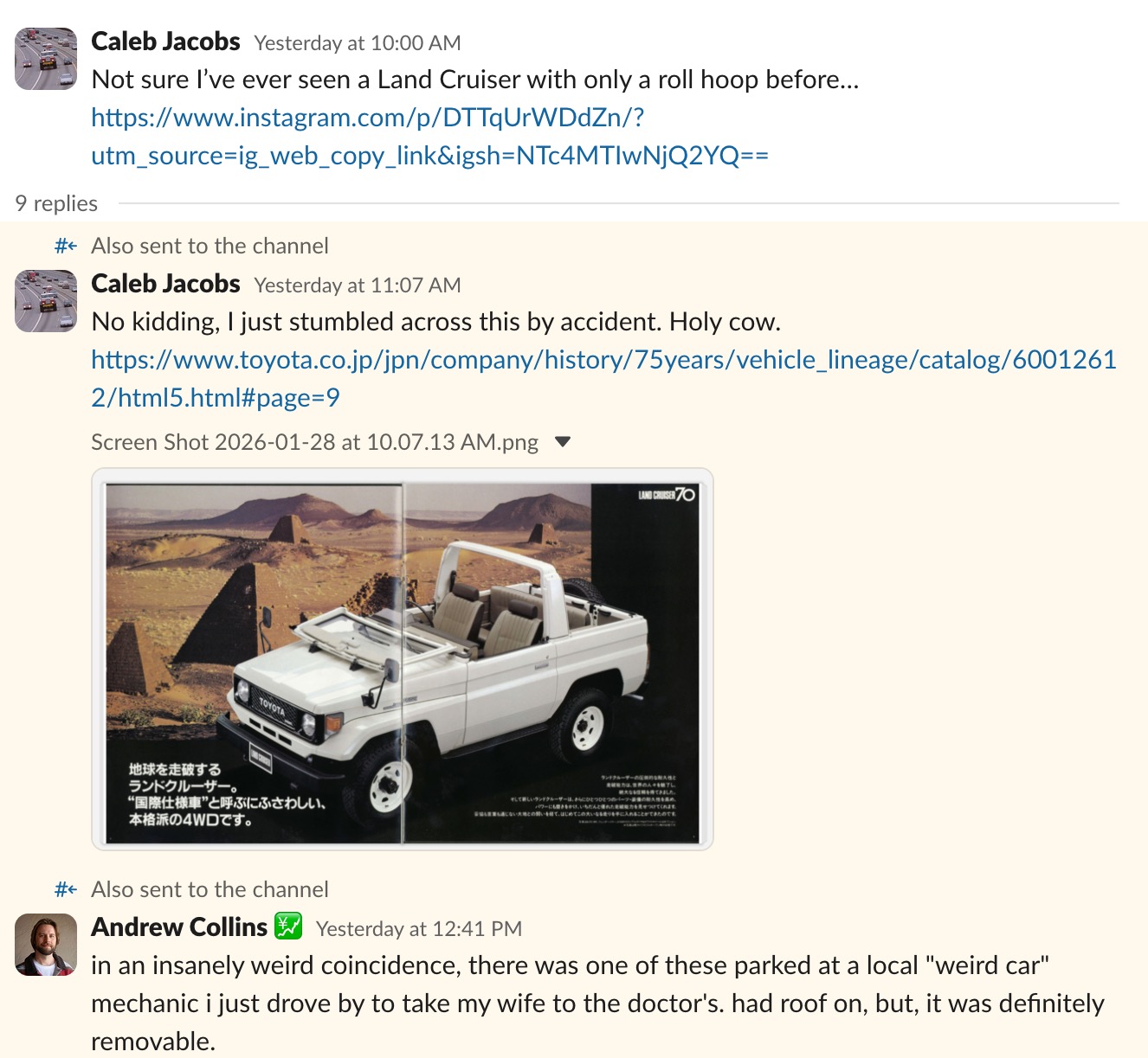Screenshot of Slack thread about a 70 Series Land Cruiser cabriolet.