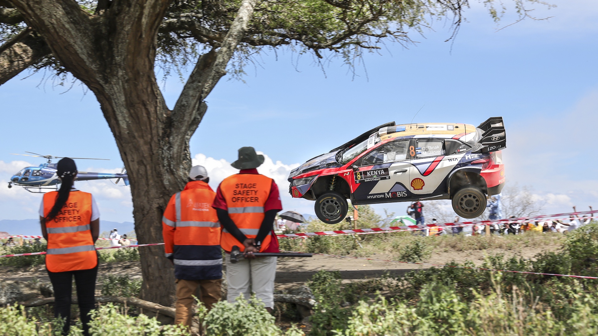 Hyundai Shell Mobis World Rally Team's Estonian driver Ott Tanak steers his Hyundai i20 N Rally1 with Estonian co-driver Martin Jarveoja over a jump at miti-mbili during the during the World Rally Championship (WRC) Safari Rally Kenya Special Stage 6, Kedong in Naivasha on March 21, 2025. (Photo by Tony KARUMBA / AFP)