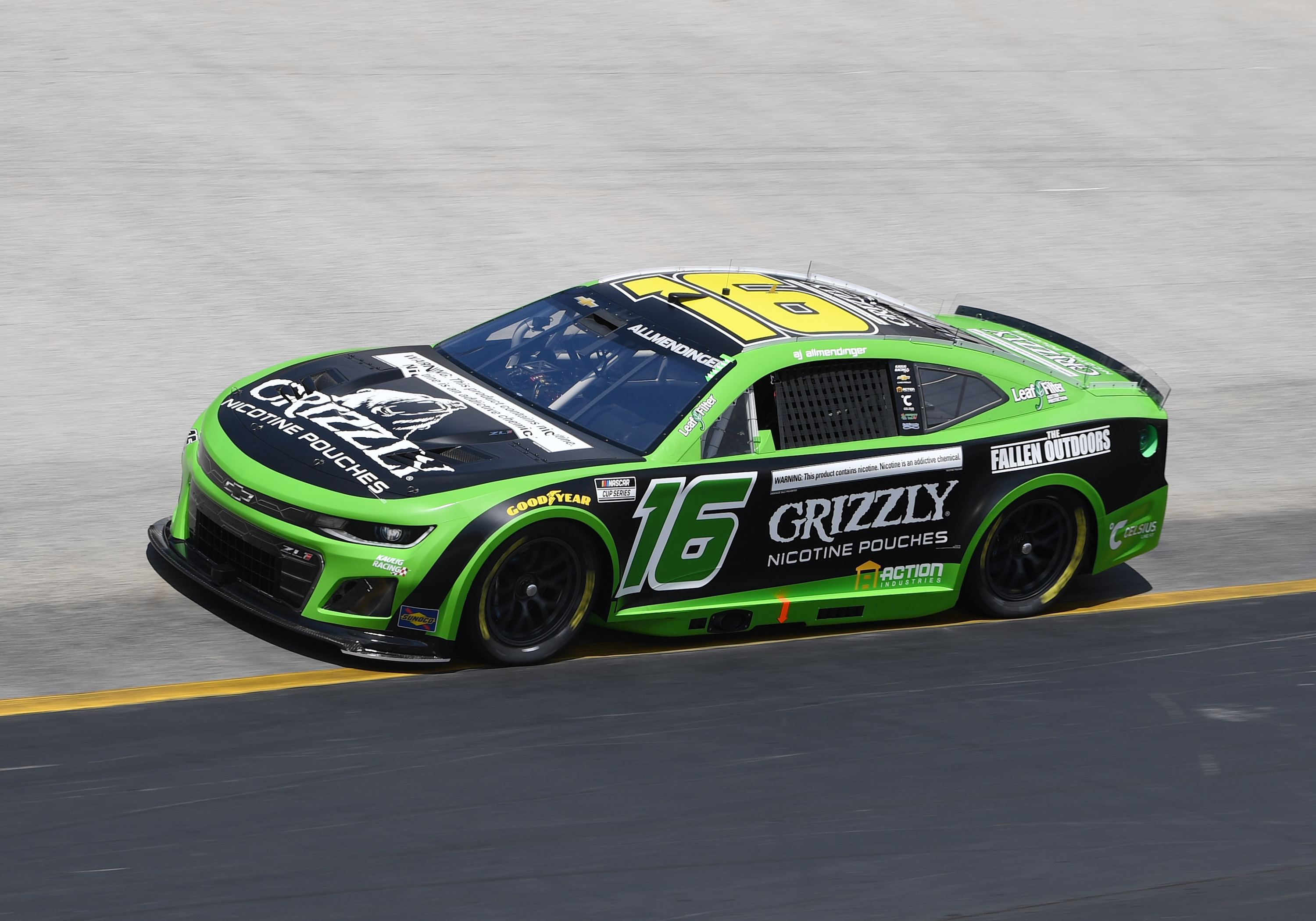 BRISTOL, TN - APRIL 12: AJ Allmendinger (#16 Kaulig Racing Grizzly Nicotine Pouches Chevrolet) races through Turn 1 during practice for the running of the NASCAR Cup Series Food City 500 on April 12, 2025, at Bristol Motor Speedway in Bristol, TN. (Photo by Jeffrey Vest/Icon Sportswire via Getty Images)