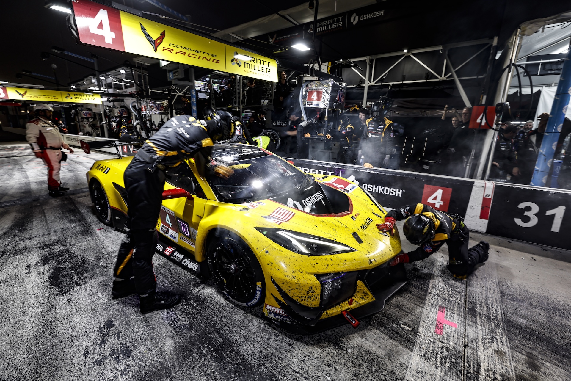 DAYTONA BEACH, FLORIDA - JANUARY 24: #4: Corvette Racing by Pratt Miller Motorsports, Corvette Z06 GT3.R, GTD Pro: Tommy Milner, Nicky Catsburg, Nico Varrone, pit stop during the IMSA WeatherTech SportsCar Championship Roar Before The 24 at Daytona International Speedway on January 24, 2026 in Daytona Beach, Florida. (Photo by Michael L. Levitt/Lumen via Getty Images)
