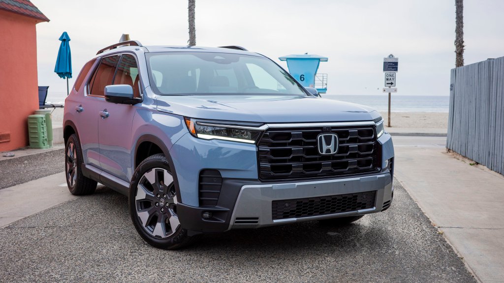 2026 Honda Pilot, front three-quarter view in blue-gray
