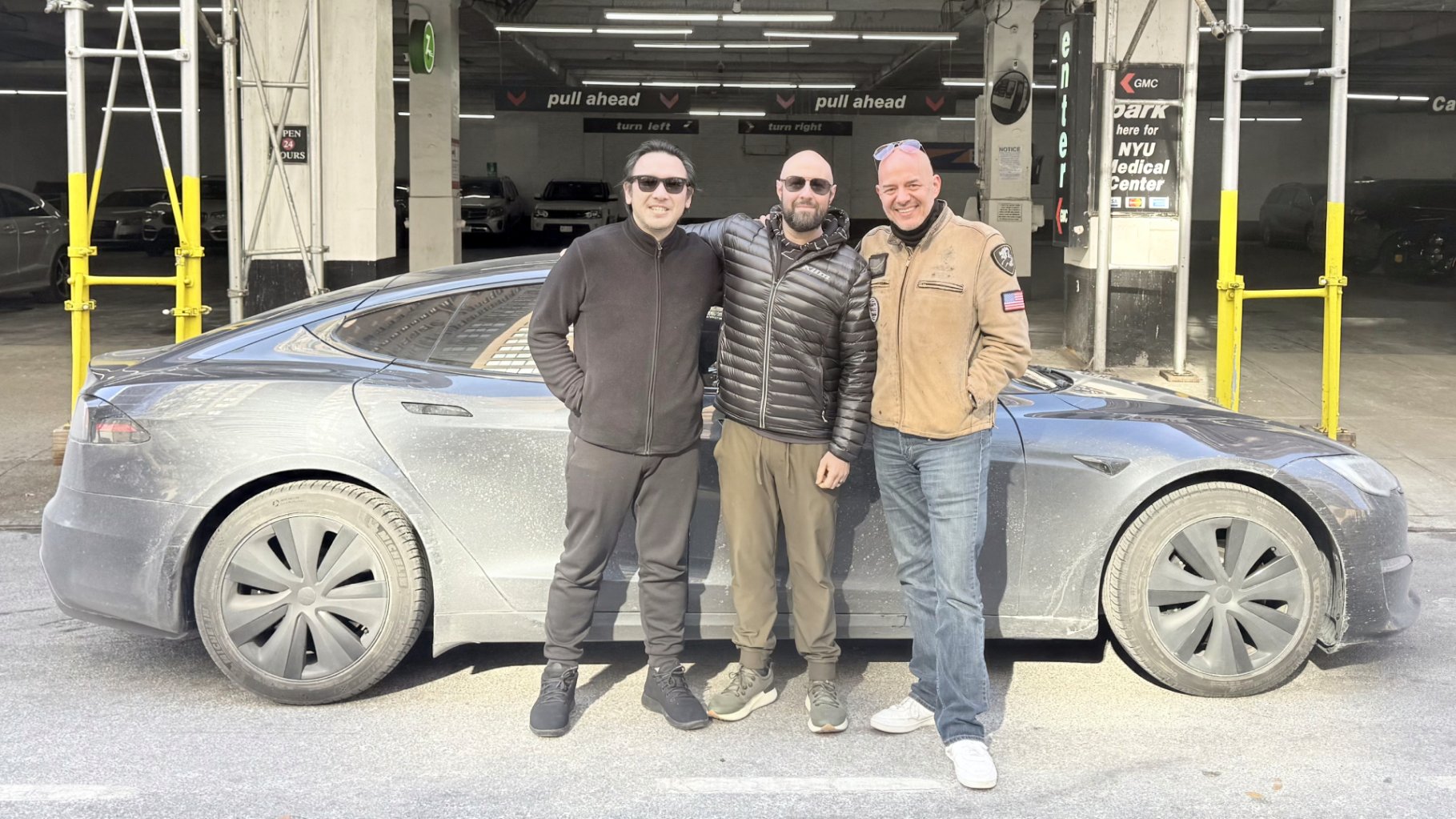 Alex Roy, Mark Pham and Warren Ahner with the 2024 Tesla Model S that completed the first zero-intervention FSD Cannonball Run
