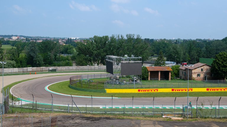 An empty track view from Tosa Turn after the F1 Grand Prix of Emilia Romagna was cancelled due to flooding on May 17, 2023 in Imola, Italy