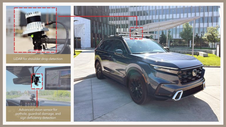 Honda CR-V equipped with sensors for pothole detection.