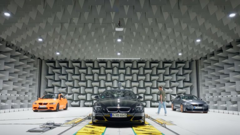 Trio of BMW M cars in a soundproof room.