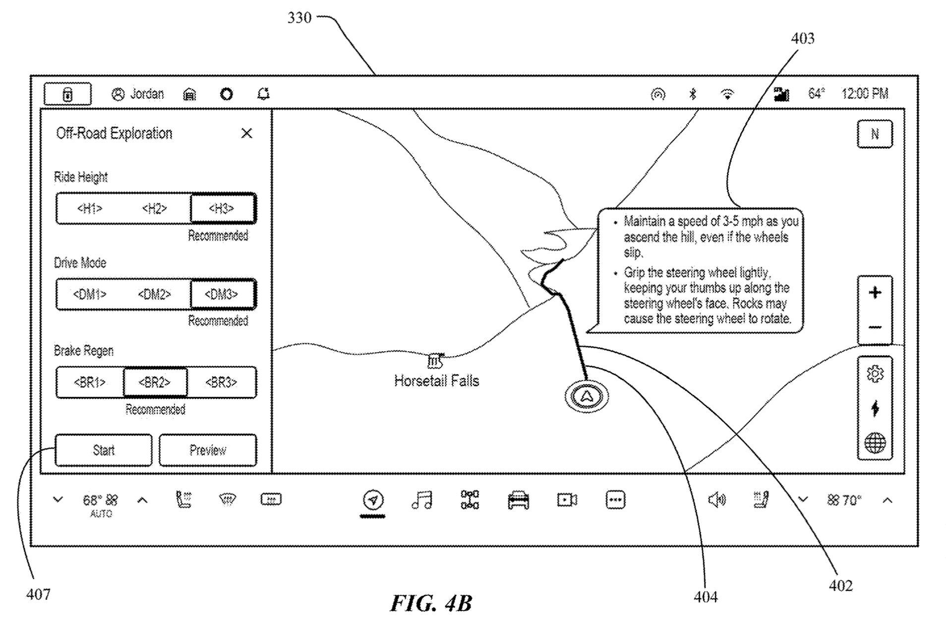 Patent image of Rivian off-road guide with drive modes and driver instructions.