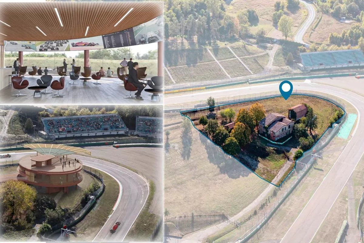 Rendering of hospitality space replacing house at Imola's Tosa hairpin.