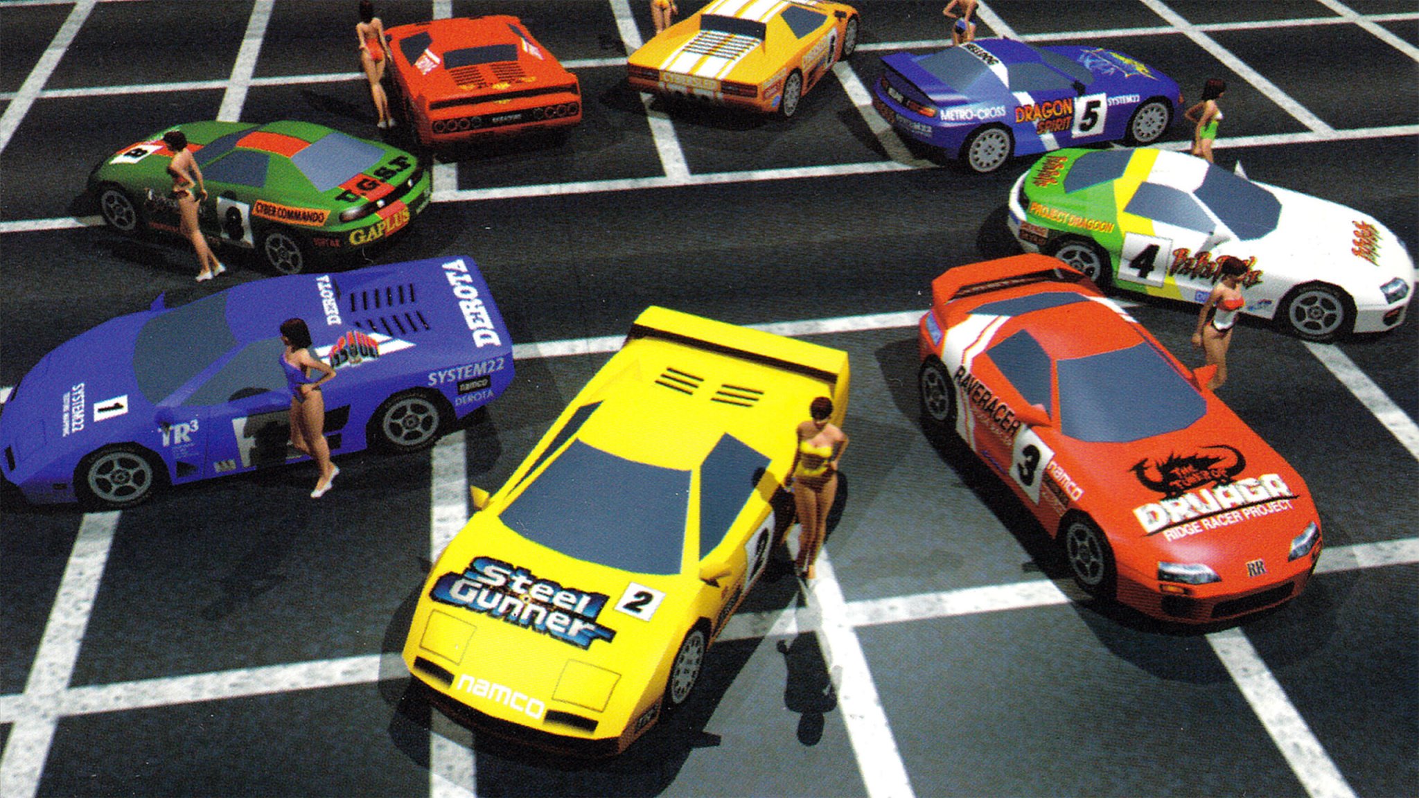Image of all cars from Rave Racer arranged in a circle