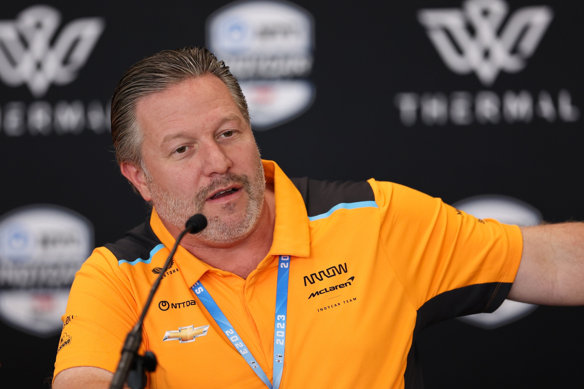 THERMAL, CA - FEBRUARY 03: Zak Brown the Chief Executive Officer of the Arrow McLaren team in a press conference during day two of the NTT IndyCar Series Open Test at The Thermal Club on February 3, 2023 in Thermal, California. (Photo by Matthew Ashton - AMA/Getty Images)