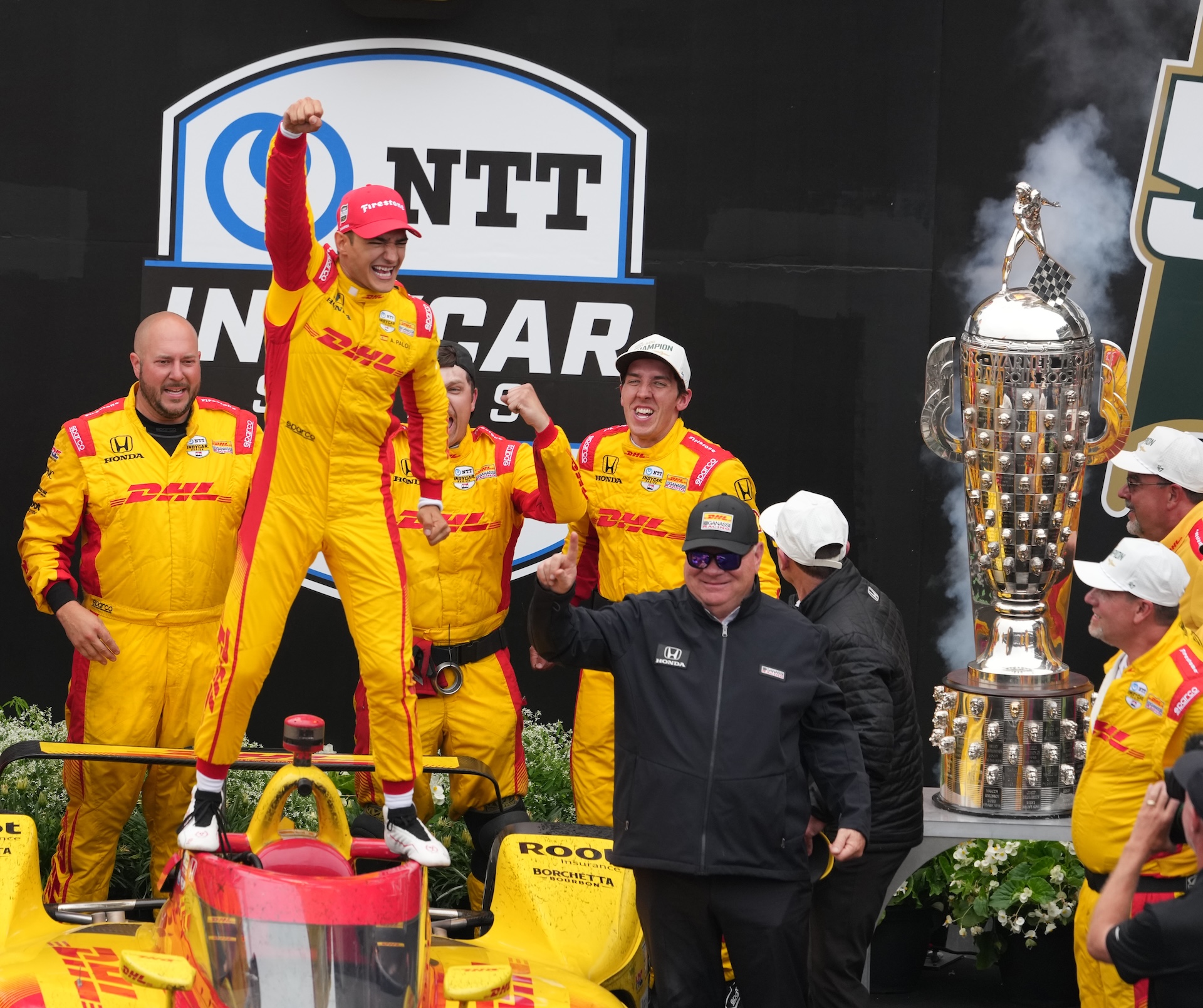 INDIANAPOLIS, IN - MAY 25: IndyCar driver Alex Palou (10) celebrates with car owner Chip Ganassi and the team in victory lane after winning the 109th Running of the Indianapolis 500 on May 25, 2025, at the Indianapolis Motor Speedway in Indianapolis, Indiana. (Photo by Brian Spurlock/Icon Sportswire via Getty Images)