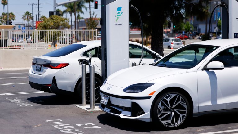Cars charge at the Electrify America Charging Station at Bank of America on Sunday, July 6, 2025 in Inglewood, CA