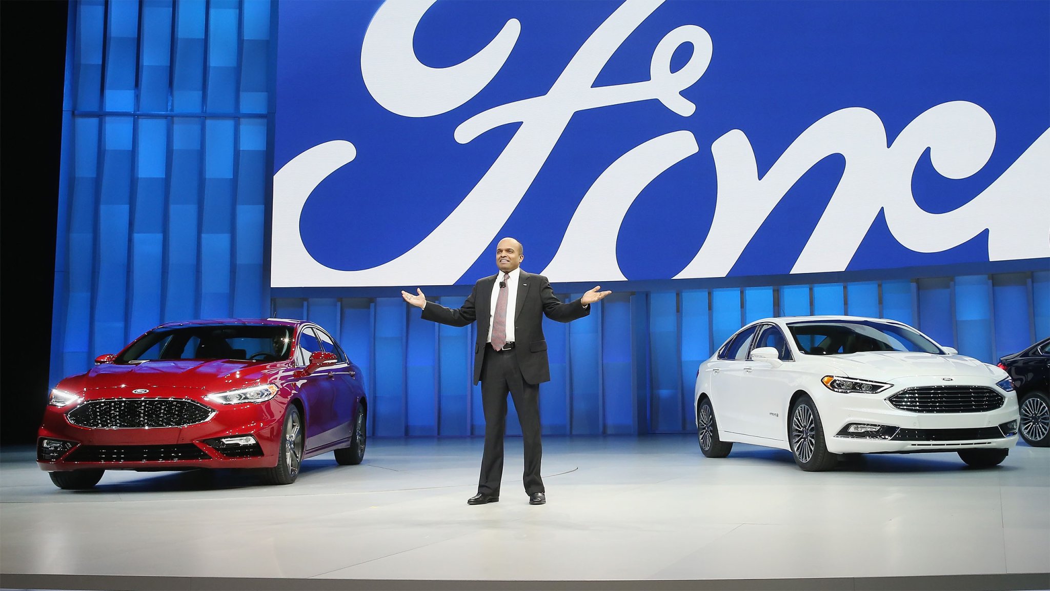 Ford's former North American president Raj Nair introduces the 2017 Fusion at the North American International Auto Show on January 11, 2016.
