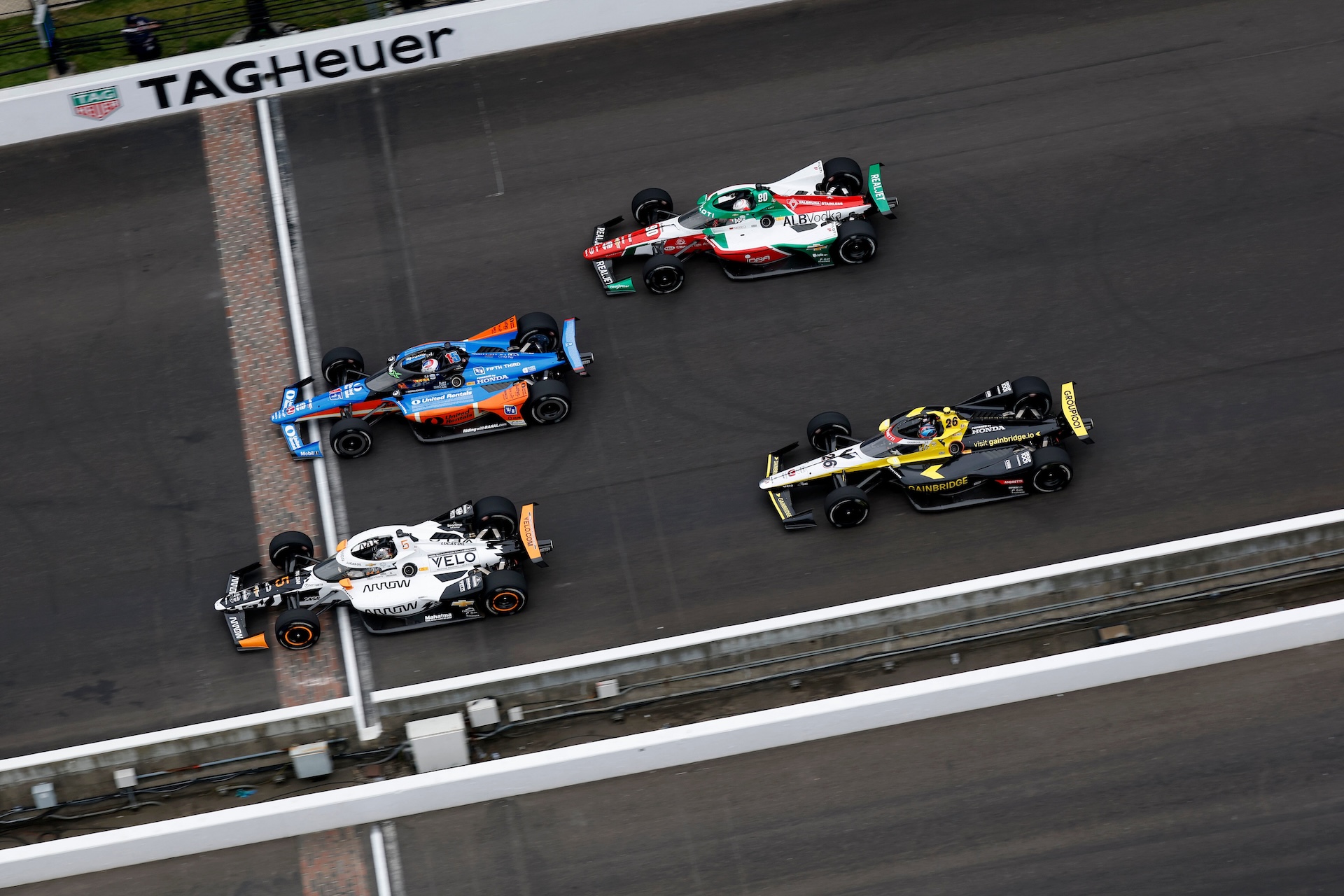 Pato O'Ward #5 of Arrow McLaren Chevrolet, Graham Rahal #15 of Rahal Letterman Lanigan Racing Honda, Colton Herta #26 of Andretti Global w/ Curb-Agajanian Honda, Callum Ilott #90 of PREMA Racing Chevrolet