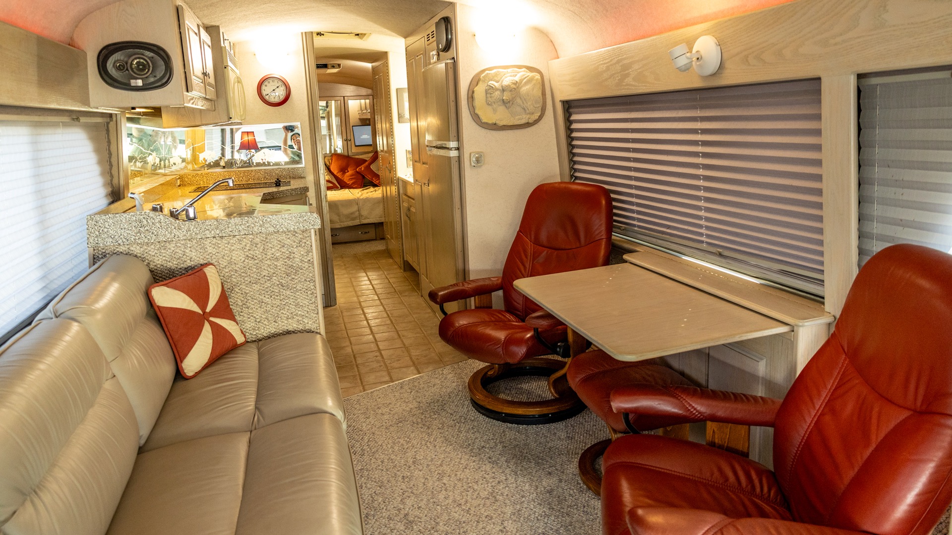 1970 GM bus RV lounge.