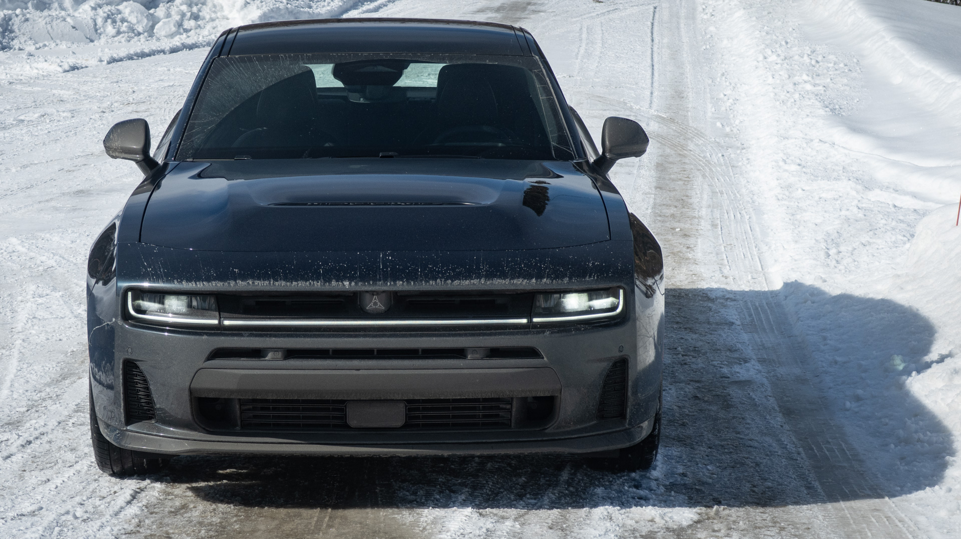 2026 Dodge Charger R/T in snow, head-on view.