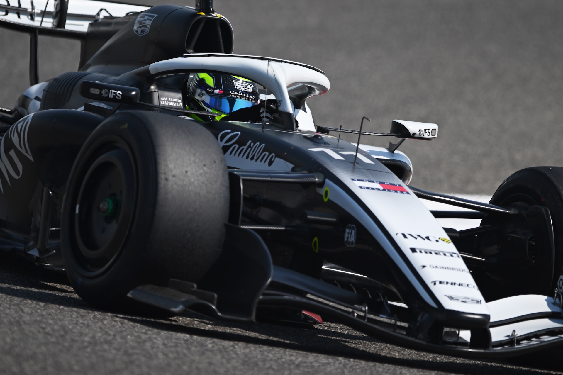 BAHRAIN, BAHRAIN - FEBRUARY 20: Sergio Perez of Mexico driving the (11) Cadillac F1 Team Ferrari on track during day three of F1 Testing at Bahrain International Circuit on February 20, 2026 in Bahrain, Bahrain. (Photo by Rudy Carezzevoli/Getty Images)