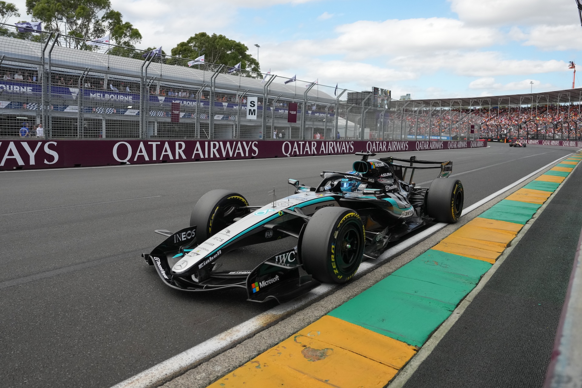 George Russell of Great Britain drives the (63) Mercedes AMG Petronas F1 Team W17 on track during the F1 Grand Prix of Australia at Albert Park Grand Prix Circuit in Melbourne, Australia, on March 8, 2026. (Photo by Norvik Alaverdian/NurPhoto)