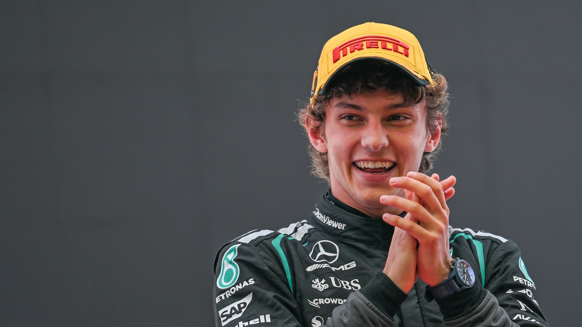 SHANGHAI, CHINA - MARCH 15: Kimi Antonelli of Mercedes-AMG Petronas Formula One Team during the podium ceremony after winning the 2026 Chinese Grand Prix, his first career Formula 1 victory, at the Shanghai International Circuit, in Shanghai, China, on March 15, 2026. (Photo by Artur Widak/NurPhoto)