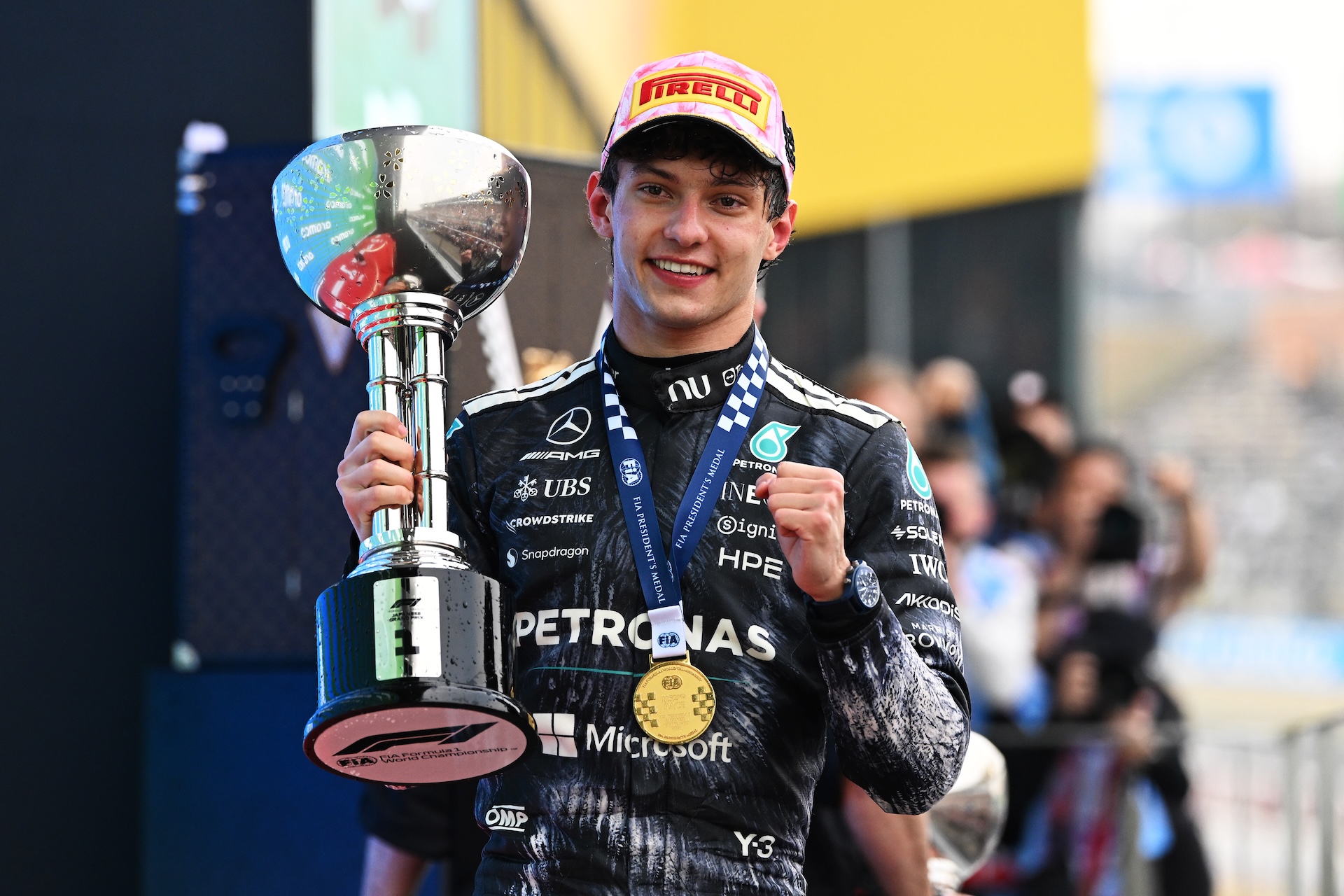 SUZUKA, JAPAN - MARCH 29: Race winner Andrea Kimi Antonelli of Italy and Mercedes AMG Petronas F1 Team celebrates with his trophy on the podium during the F1 Grand Prix of Japan at Suzuka Circuit on March 29, 2026 in Suzuka, Japan. (Photo by Mark Sutton - Formula 1/Formula 1 via Getty Images)