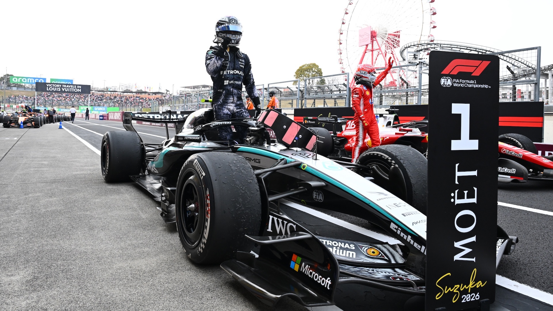 SUZUKA, JAPAN - MARCH 29: Race winner Andrea Kimi Antonelli of Italy and Mercedes AMG Petronas F1 Team celebrates on arrival in parc ferme during the F1 Grand Prix of Japan at Suzuka Circuit on March 29, 2026 in Suzuka, Japan. (Photo by Mark Sutton - Formula 1/Formula 1 via Getty Images)