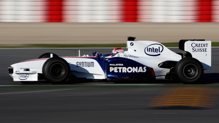 Robert Kubica tests a BMW Sauber F1 car in November 2008 ahead of the car's competition debut the following year.