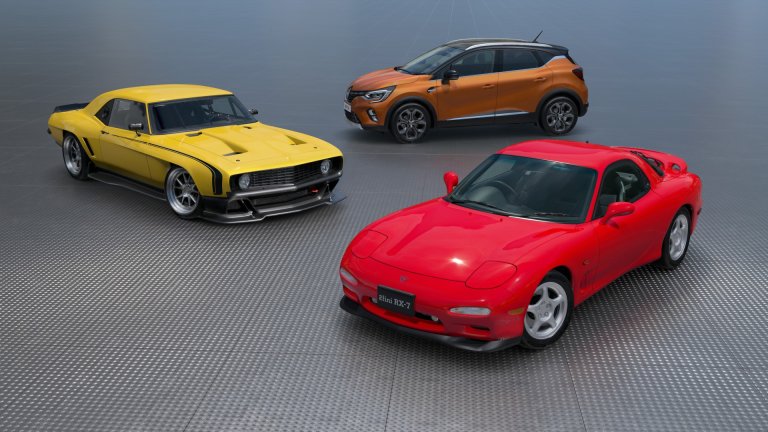 Renault Captur, Mazda RX-7, and Chevy Camaro Race Mod in GT7.