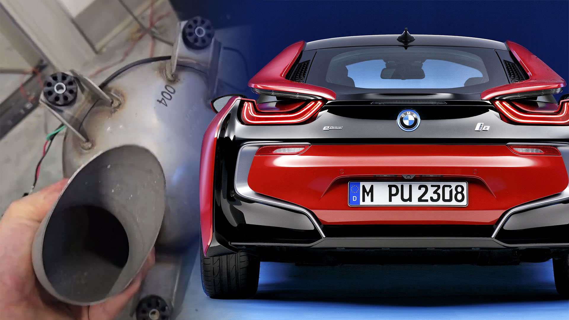 Red BMW i8 next to someone holding up its fake muffler, superimposed