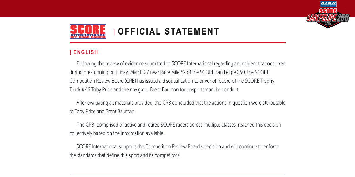 SCORE's official statement on San Felipe 250 2026 scandal.