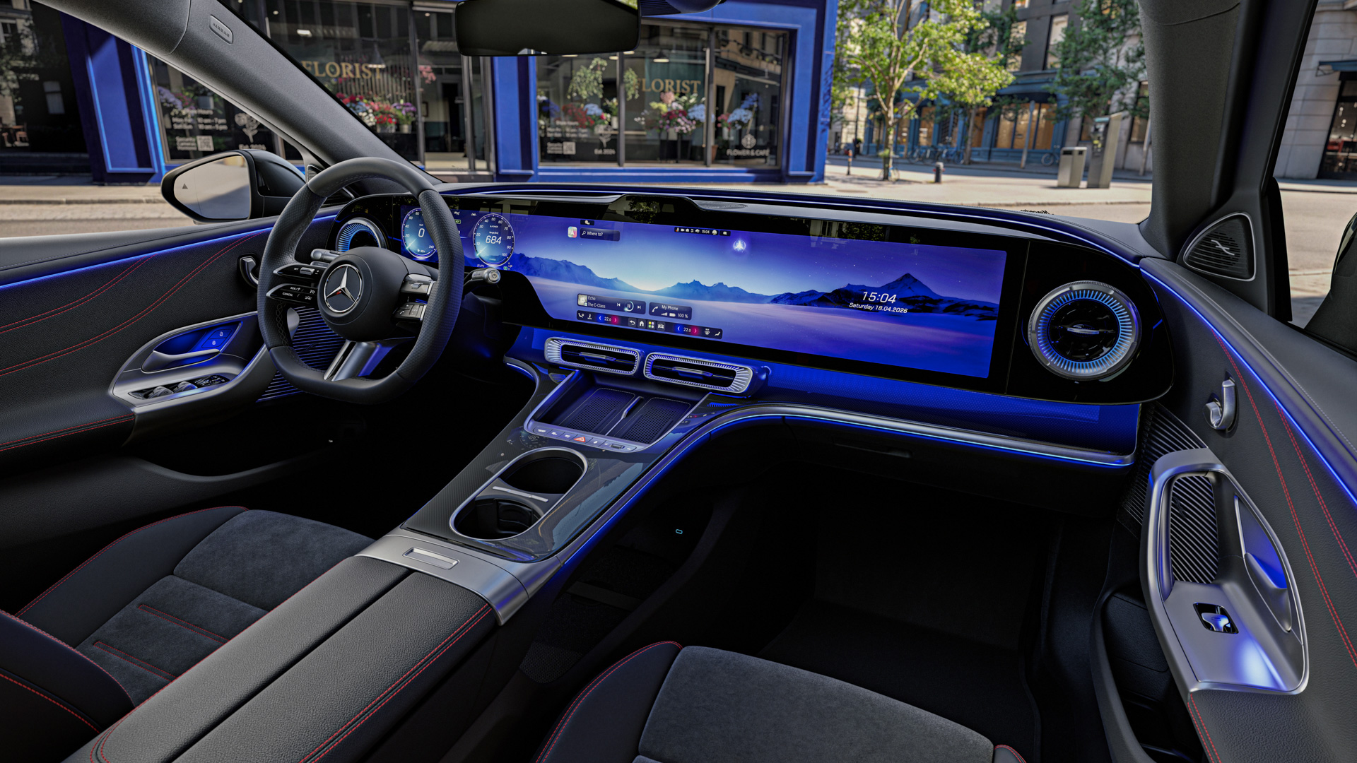 Interieur der neuen elektrischen Mercedes-Benz C-Klasse, 2026. Interior of the new electric Mercedes-Benz C-Class, 2026.