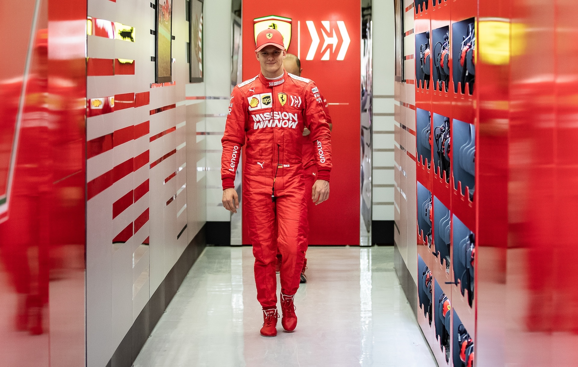 BAHRAIN, BAHRAIN - APRIL 02: Mick Schumacher of Germany and Scuderia Ferrari SF90 walks out of the garage during F1 testing in Bahrain at Bahrain International Circuit on April 02, 2019 in Bahrain, Bahrain. (Photo by Lars Baron/Getty Images)