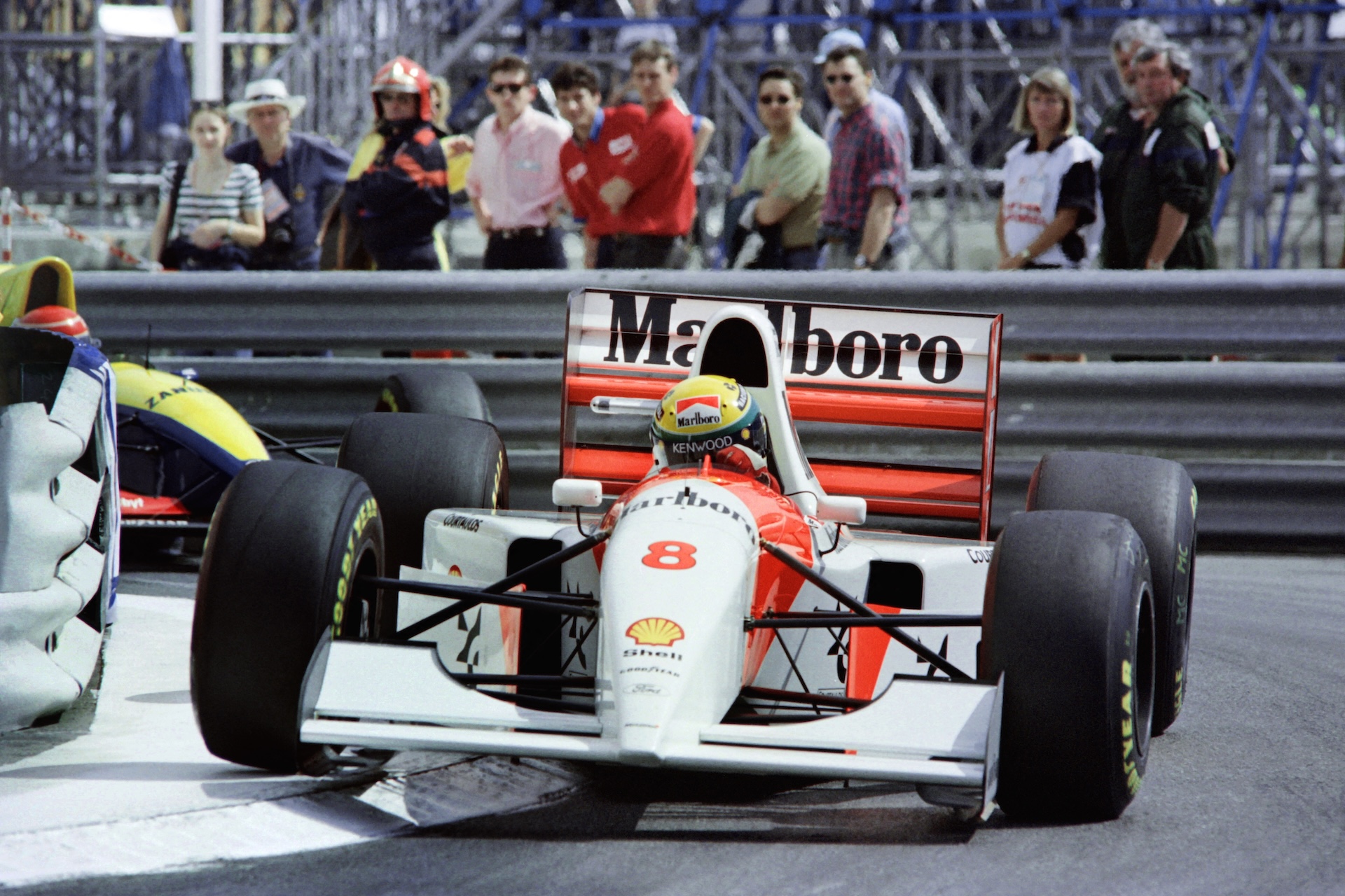 Brazilian driver Ayrton Senna steers his McLaren Ford around a curve, on May 23, 1993, during the Monaco Formula One Grand Prix. Senna won for the fifth consecutive time in Monaco, beating British driver Hill (Williams-Renault) and French driver Jean Alesi (Ferrari), to set a record of six wins overall to break the record of Graham Hill, Damon’s father. AFP PHOTO (Photo by AFP)