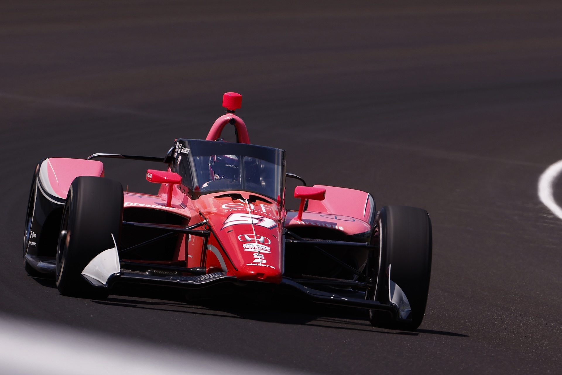 INDIANAPOLIS, IN - MAY 19: Katherine Legge of United Kingdom (51) driving for Dale Coyne Racing exits turn one during the practice session for the last four prior to qualifications for the NTT IndyCar Series Indianapolis 500 Qualifying on May 19 2024 at the Indianapolis Motor Speedway in Indianapolis, IN. (Photo by Jeffrey Brown/Icon Sportswire)