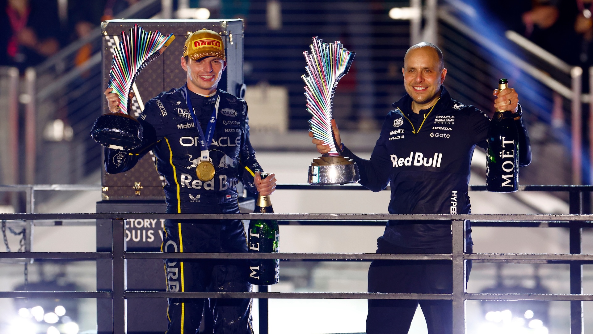 LAS VEGAS, NV - NOVEMBER 22: Race winner Max Verstappen, driver of the #1 Red Bull Racing celebrates with Red Bull engineer Gianpiero Lambiase after the Formula 1 Las Vegas Grand Prix on November 22, 2025 on the Las Vegas Strip Circuit in Las Vegas, Nevada.(Photo by Jeff Speer/Icon Sportswire)