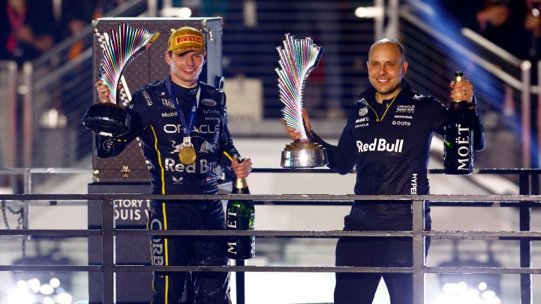 LAS VEGAS, NV - NOVEMBER 22: Race winner Max Verstappen, driver of the #1 Red Bull Racing celebrates with Red Bull engineer Gianpiero Lambiase after the Formula 1 Las Vegas Grand Prix on November 22, 2025 on the Las Vegas Strip Circuit in Las Vegas, Nevada.(Photo by Jeff Speer/Icon Sportswire)