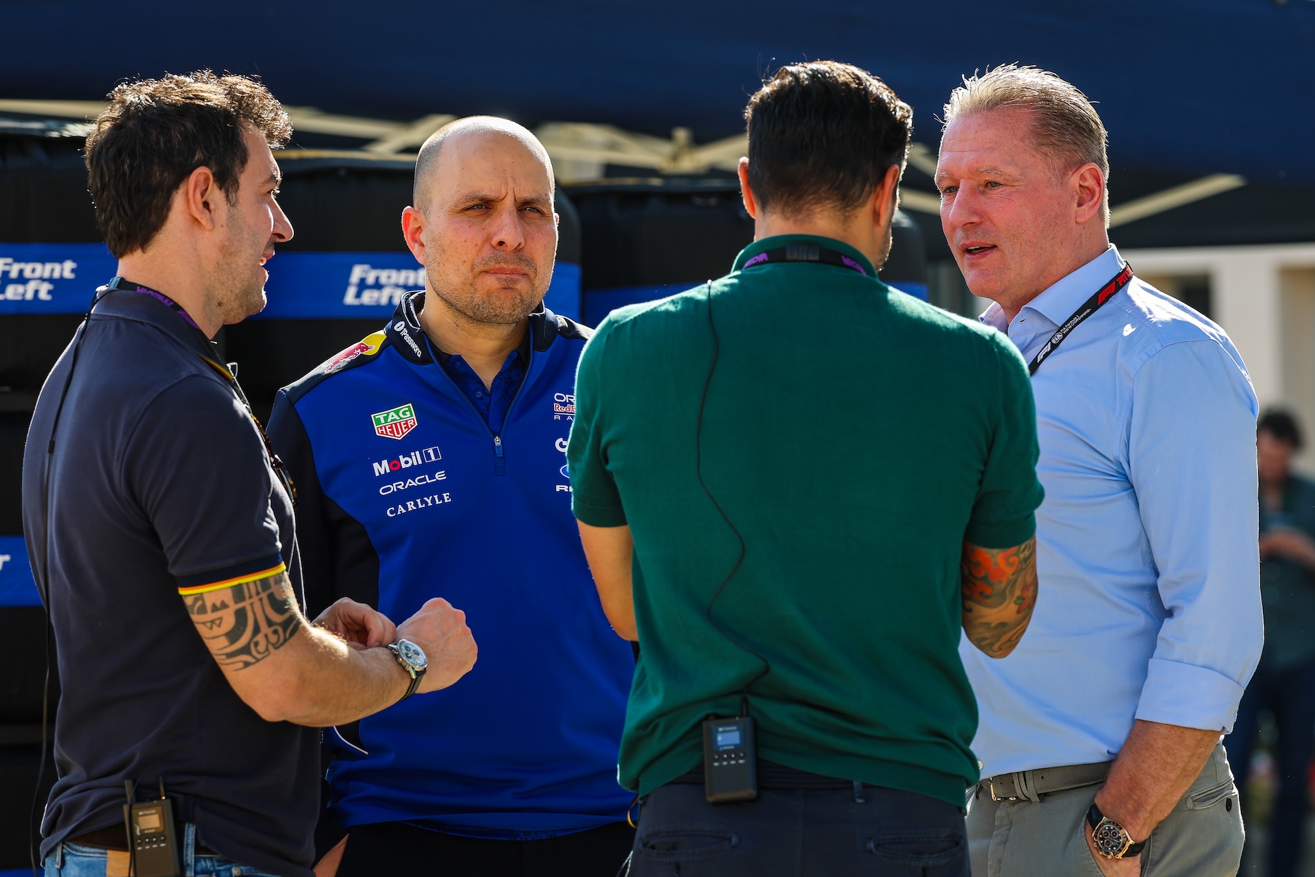 BAHRAIN, BAHRAIN - FEBRUARY 18: Jos Verstappen and Gianpiero Lambiase in conversation in the paddock during day one of F1 Testing at Bahrain International Circuit on February 18, 2026 in Bahrain, Bahrain. (Photo by Kym Illman/Getty Images)