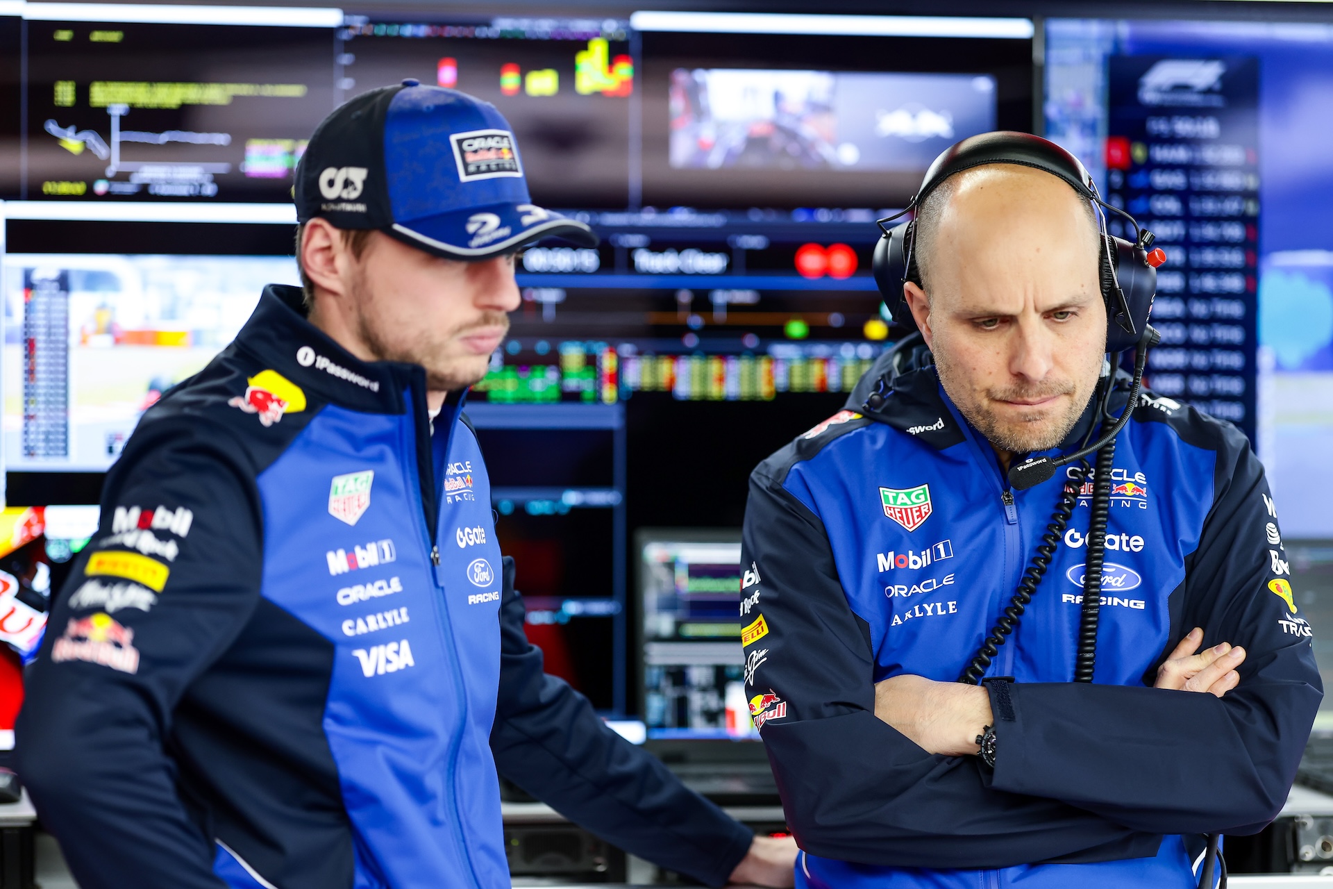 SUZUKA, JAPAN - MARCH 28: Max Verstappen of the Netherlands and Oracle Red Bull Racing and Gianpiero Lambiase, Head of Racing of Oracle Red Bull Racing in the garage during final practice ahead of the F1 Grand Prix of Japan at Suzuka Circuit on March 28, 2026 in Suzuka, Japan. (Photo by Mark Thompson/Getty Images)