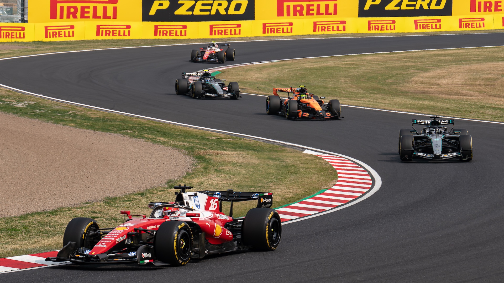 Scuderia Ferrari HP driver #16 Charles Leclerc (Monaco) leads Mercedes-AMG Petronas F1 Team driver #12 Andrea Kimi Antonelli (Italy), McLaren Mastercard F1 Team driver #1 Lando Norris (United Kingdom), Mercedes-AMG Petronas F1 Team driver #63 George Russell (United Kingdom), and Scuderia Ferrari HP driver #44 Lewis Hamilton (United Kingdom) on track during the race at the 2026 Formula 1 Japanese Grand Prix, round 3 of the FIA Formula 1 World Championship, at Suzuka Circuit, Suzuka, Japan, on March 29, 2026. (Photo by Wan Mikhail Roslan/NurPhoto)