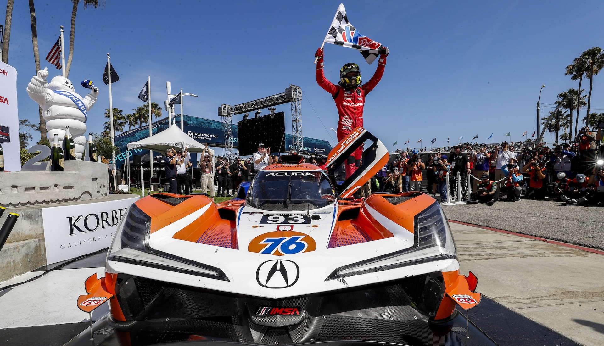 LONG BEACH, CALIFORNIA - APRIL 18: #93: Acura Meyer Shank Racing w/Curb Agajanian, Acura ARX-06, GTP: Renger van der Zande, Nick Yelloly, victory lane during the IMSA WeatherTech SportsCar Championship Acura Grand Prix of Long Beach on April 18, 2026 in Long Beach, California. (Photo by Chris duMond/Lumen via Getty Images)