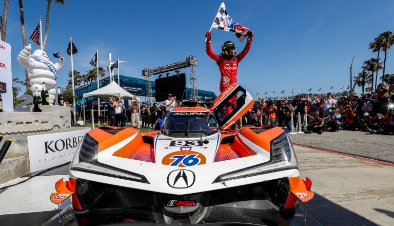 LONG BEACH, CALIFORNIA - APRIL 18: #93: Acura Meyer Shank Racing w/Curb Agajanian, Acura ARX-06, GTP: Renger van der Zande, Nick Yelloly, victory lane during the IMSA WeatherTech SportsCar Championship Acura Grand Prix of Long Beach on April 18, 2026 in Long Beach, California. (Photo by Chris duMond/Lumen via Getty Images)